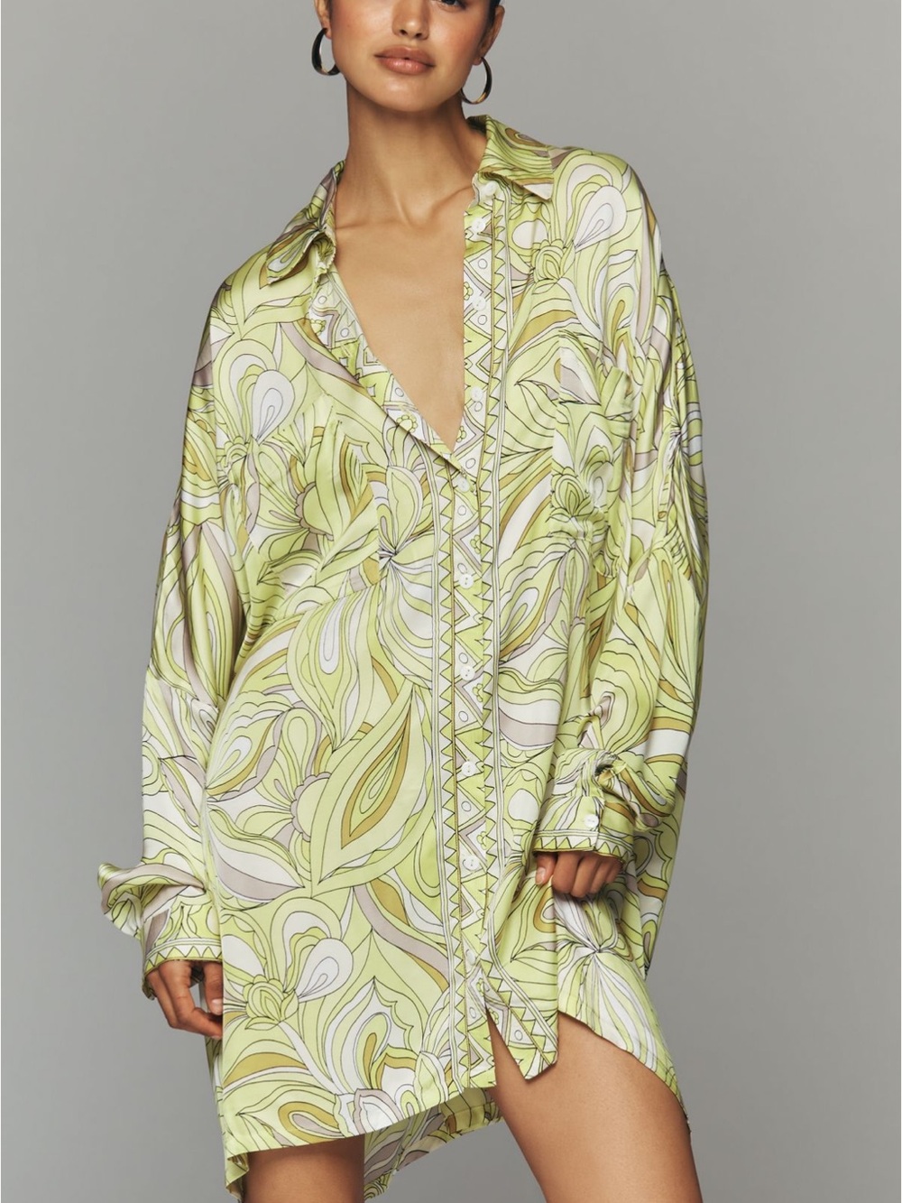 Corey Lynn Calter Light Green Printed Satin Sleep Shirt